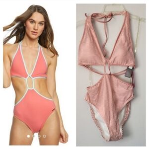 NWT Vince Camuto Striped Red& White Cut-out One Piece Monokini